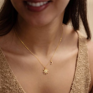 Elegante Opal Halskette, Sonne & Mond Opal Anhänger Halskette, 14K Gold Halskette, Oktober Geburtsstein Halskette, Geschenk für Mama, Geburtstagsgeschenk für Sie