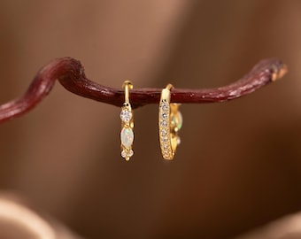 Minimalist Birthstone Huggie Hoop Earrings, Opal Huggie Hoop Earrings, October Birthstone Earrings, Birthday Gifts for Her, Christmas Gifts