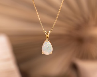 Colar com Opala Banhado a Ouro 14K, Colar com Pingente de Opala, Joia de Opala com Pingente em Formato de Gota, Colar com Opala em Formato de Pera, Pedra de Nascimento de Outubro, Presente para Mãe
