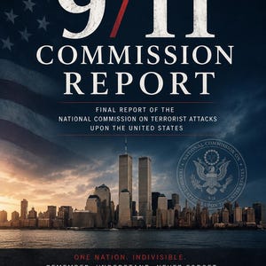 May include: The official 9/11 Commission Report book cover features a dark blue sky with a faded American flag, the New York City skyline with the Twin Towers, and the official seal. Text includes: One Nation. Indivisible. Remember. Understand. Never Forget.