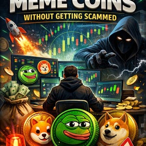May include: Digital illustration promoting safe trading of meme coins. The image features a person at a desk with multiple computer screens displaying financial charts. The text "TRADING MEME COINS WITHOUT GETTING SCAMMED" is at the top.