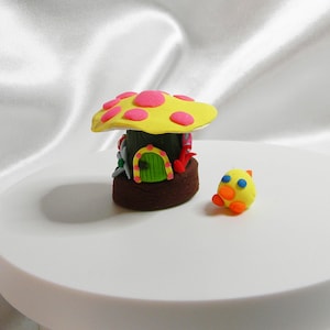 Miniature Whimsical Mushroom House with Friend - Hand-Sculpted Clay Fairy Garden Figurine