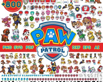 Paquete de más de 800 archivos SVG, PNG y DXF de Paw Patrol, diseños de cumpleaños infantiles, archivos Cricut, fuente de Paw Patrol