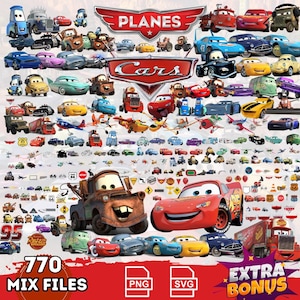 Autos PNG, Autos Clipart, Autos SVG, Paquete de cumpleaños de aviones y autos, Descarga instantánea, Descarga instantánea Lightning Mcqueen Mater