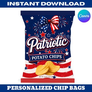 May include: A patriotic potato chip bag design with a red, white, and blue color scheme. The bag features the word "Patriotic" in a stylized font, along with the words "Potato Chips." The bag contains 8 oz of chips.