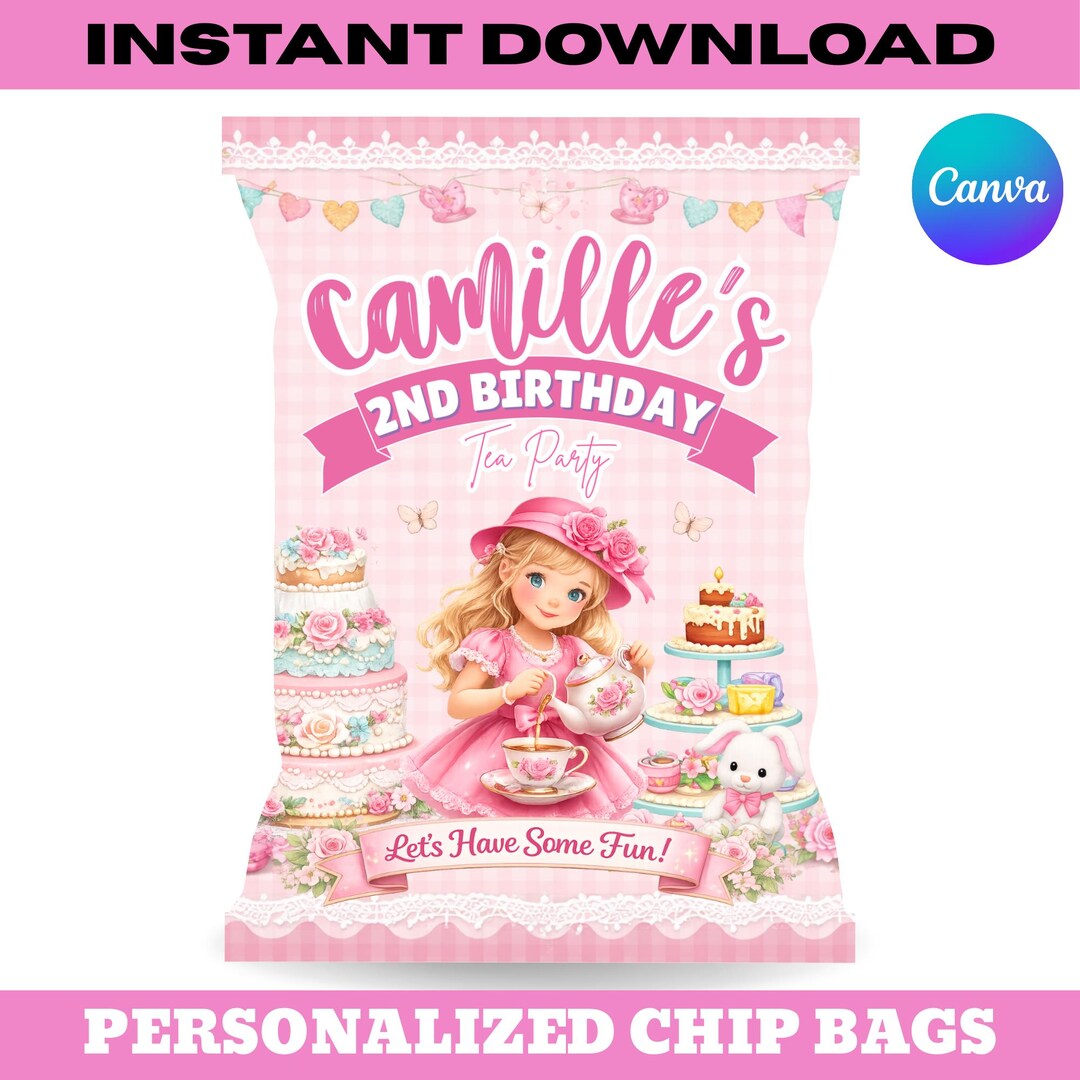 Tea Cake Rapper Tea Party Chip Bag Template Editable in Canva, Pink Floral Birthday ...