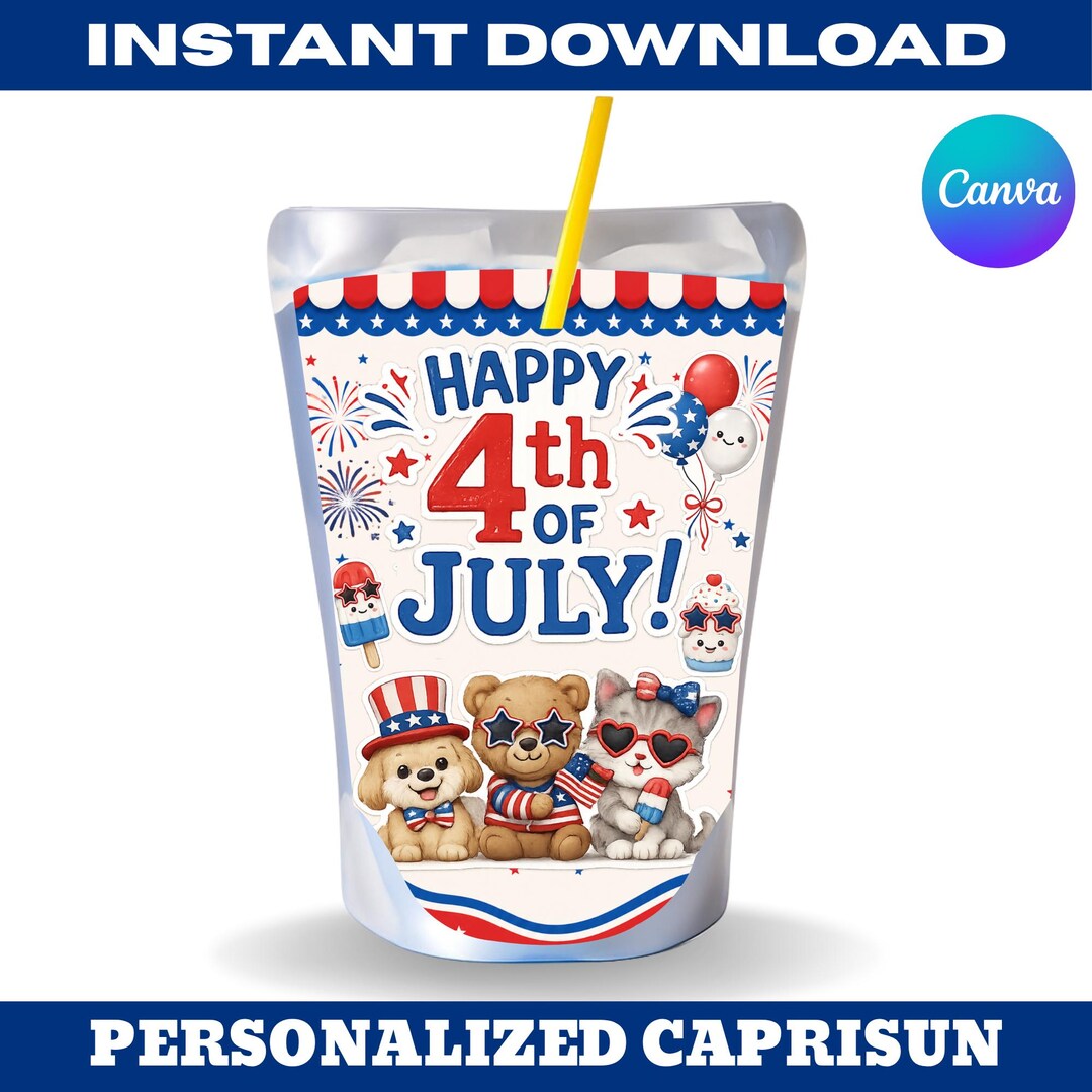 4th of July Capri Sun Label Template, Editable Canva Juice Pouch ...