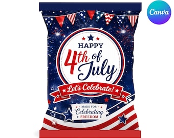 4th of July Chip Bag Template Canva, Patriotic Snack Bag Wrapper, Editable Party Favor Printable, Red White Blue Treat Bag, Instant Download