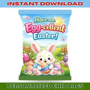 May include: A personalized chip bag design with a cartoon Easter theme. The bag features a white bunny holding a colorful egg, surrounded by decorated eggs and flowers. The text "Have an Egg-cellent Easter!" is displayed.