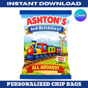 Zug Geburtstag Chip Taschenvorlage Bearbeitbar in Canva | Kinder Party Geschenk Tasche | Zug Geburtstag Party Dekor | Sofortiger Download als Geschenk
