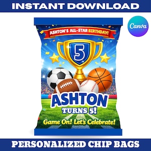 May include: A personalized chip bag design with a sports theme. The bag features a golden trophy with the number 5, a soccer ball, a football, a baseball, and a basketball. Text includes "Ashton's All-Star Birthday!" and "Ashton Turns 5!"