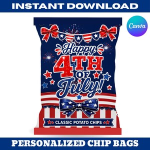 May include: A potato chip bag design featuring a dark blue background with red and white patriotic elements. The text reads Happy 4th of July! and Classic Potato Chips. The design includes red bows, star shapes, fireworks, and striped patterns.