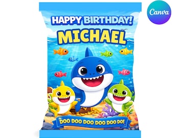 Shark Birthday Chip Bag Template Editable Canva, Shark Party Favor Snack Bag, Ocean Theme Printable Treat Bag, Instant Download Party Decor