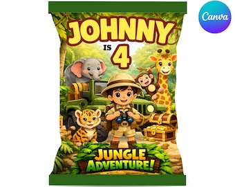 Sjabloon Jungle verjaardag chipzakje bewerkbaar in canvas, Safari Party Favor, Jungle Adventure Snack Bag Wrapper, afdrukbare digitale download