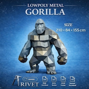 May include: A lowpoly metal gorilla sculpture with a geometric design. The gorilla is gray and brown, standing on a blue background. The text "LOWPOLY METAL GORILLA" and size 210 x 84 x 155 cm are displayed.