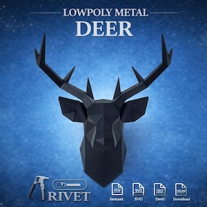 May include: A black low-poly metal deer head sculpture with prominent antlers, set against a blue starry background. The image includes the text "LOWPOLY METAL DEER" and "RIVET" with file type icons.