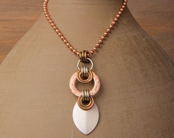 Athena mixed metal necklace, small: hammered copper washer, silver scale, brass and silver rings, copper ball chain