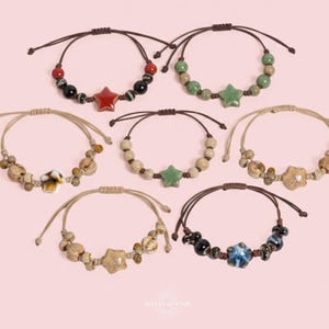 Ceramic Bracelet Beaded Star Spiral Swirl Y2K Boho Hippie Whimsical Adjustable Black Rope Cord Adjustable Stacking Stars Bead Bracelets