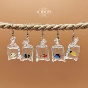 Goldfish in a Bag Earrings: Whimsical Tropical Fish Dangle Earrings