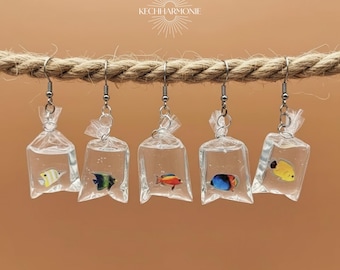 Goldfish in a Bag Earrings: Whimsical Tropical Fish Dangle Earrings
