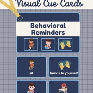Op de afbeelding: Lanyard visuele cue-kaarten met de tekst LANYARD Visual Cue Cards, Behavioral Reminders en Support Cards for Students with Autism. De kaarten bevatten illustraties van kinderen die zitten, opruimen, werken en handen bij zichzelf houden.