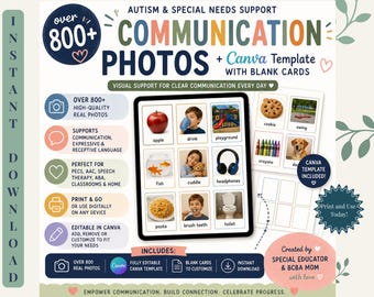Paquete de tarjetas de comunicación con imágenes / Más de 800 fotos, tableros de fichas, autismo, educación especial, terapia del habla, comunicación en el hogar, ayuda en momentos de crisis.