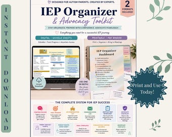 Carpeta imprimible del Programa de Educación Individualizada (PEI) para el autismo / Planificador de reuniones con los padres, seguimiento de objetivos, adaptaciones y plantillas de correo electrónico