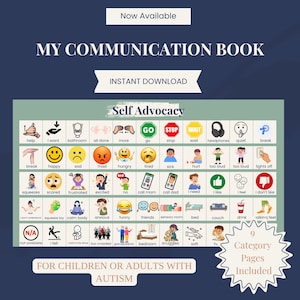 Puede incluir: Un libro de comunicación digital para niños o adultos con autismo, con una cuadrícula de iconos etiquetados con texto como help, bathroom, stop y wait. La página se titula Self Advocacy e incluye 9 páginas de categorías para comunicación.