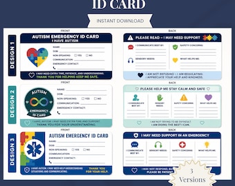 Tarjeta de identificación de autismo / Lista editable de información médica y de contacto de emergencia / Etiqueta de seguridad para mochila / Información personalizada de la insignia del niño / Niño perdido