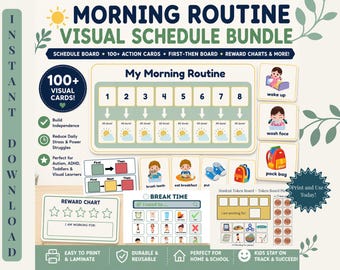 Paquete de horario visual para el niño primero, luego el tablero, apoyo visual para el autismo, lista de verificación de rutina matutina, tabla de recompensas para la asistencia conductual en niños pequeños.
