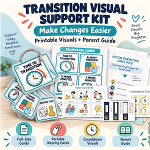 May include: A transition visual support kit featuring printable cards, a parent guide, and a portable keyring set. The cards display text like Time to Transition, Almost Finished, and Clean Up, alongside illustrations of clocks, dice, and children.