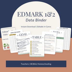 May include: A digital data binder set for Edmark 1 & 2 featuring multiple printable pages including goal tracking, student information sheets, and assessment forms with a clean layout, green accents, and clear text headings for educational organization.