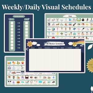 Peut inclure: Un ensemble de plannings visuels hebdomadaires et quotidiens imprimables avec une palette de couleurs bleu foncé et vert sauge. La collection comprend un agenda hebdomadaire, une liste de tâches quotidiennes et des feuilles remplies d'icônes d'activités.