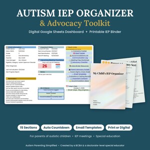 Könnte beinhalten: Ein Autism IEP Organizer und Advocacy Toolkit mit einem digitalen Google Sheets Dashboard für Kinderinformationen, Meeting-Countdowns und Tracker sowie einem ausdruckbaren Ordnerdeckblatt mit dem Titel My Child's IEP Organizer.