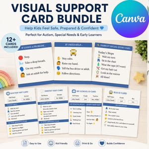 Può includere: Un set di schede di supporto visivo composto da diverse schede bianche con intestazioni e bordi blu. Le schede contengono testo e icone per vari scenari, tra cui visite mediche, visite dal dentista, documenti scolastici e comportamento sull'autobus.
