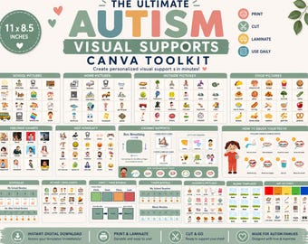 Paquete de apoyos visuales para el autismo / Más de 800 tarjetas PECS, horarios visuales, tableros de fichas y plantillas de Canva, tarjetas editables y en blanco, kit de herramientas para el hogar