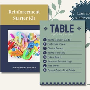May include: A digital Reinforcement Starter Kit document featuring a gold and navy cover with a collection of colourful sensory pop-it toys and tubes. A second page displays a Table of Contents listing eight items including a Reinforcement Guide.