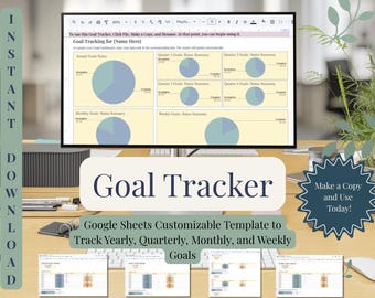 Plantilla de Google Sheets para seguimiento de objetivos / Planificador de objetivos anual, trimestral, mensual y semanal / Panel de control editable / Rastreador de productividad / Organízate