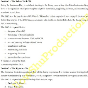 May include: A document titled "Leader on Duty (LOD) Manual" with sections on the role of the LOD and the Signature Six. The text is black on a white background, with a watermark. The manual outlines responsibilities and operational flow.