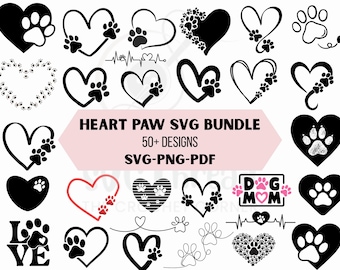 Paquete SVG de huella de corazón, silueta de huella de pata, vector de huella de perro y gato, archivo digital (descarga instantánea)