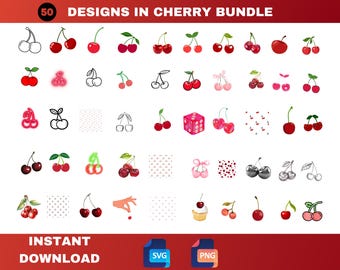 Paquete de archivos SVG de cerezas / Más de 50 diseños de imágenes prediseñadas de cerezas dulces / Descarga instantánea / Archivos SVG y PNG con temática de frutas / Perfectos para manualidades y decoración