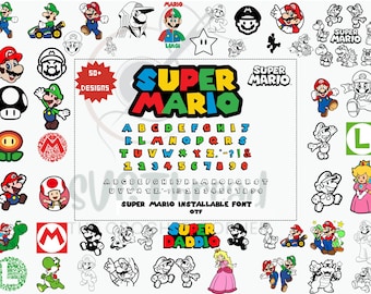 Paquete SVG de videojuegos retro: Fuente Mario, imágenes prediseñadas de pixel art (SVG, PNG)