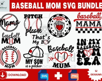 Paquete SVG de mamá de béisbol: 12 diseños para el día del juego (archivos de corte SVG y PNG)