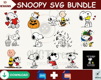 Paquete SVG de Snoopy: Clipart de dibujos animados de Peanuts para Cricut (Descarga digital)
