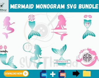 Paquete SVG de monograma de sirena: archivos de corte de cola para Cricut y Silhouette