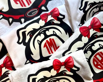 Girls Bulldog Monogram with Bow Graphic Tee, Bulldog Monogram T Shirt, Georgia Football Monogram Bulldog T Shirt, Kids Monogram T Shirt UGA