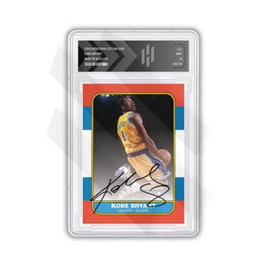 May include: A graded Kobe Bryant basketball card. The card shows Bryant in a yellow and purple Lakers uniform. The card has a red, white, and blue border and includes Bryant's signature. Text on the card reads "Kobe Bryant" and "Lakers Guard." The card is encased in a protective holder.