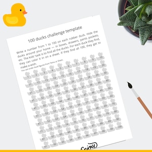 Könnte beinhalten: Eine druckbare 100-Enten-Challenge-Vorlage. Das Blatt zeigt ein Raster mit 100 grauen Entenkonturen, die von 1 bis 100 nummeriert sind. Der Text "100 ducks challenge" ist unten auf dem Blatt gedruckt.