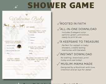 Baby Shower Game Card | Islamic Aqiqah Activity | Digital Download | Printable Baby Keepsake for Guests to Fill Out | Green, Pink & Blue