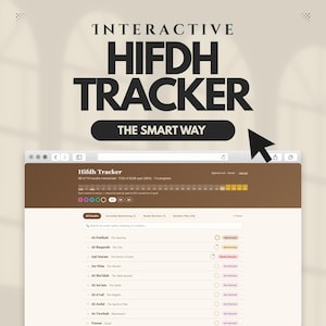 May include: An interactive digital Hifdh tracker displayed on a browser interface. The header reads INTERACTIVE HIFDH TRACKER THE SMART WAY. The screen shows a brown and white dashboard with a progress bar, surah list, and status indicators.